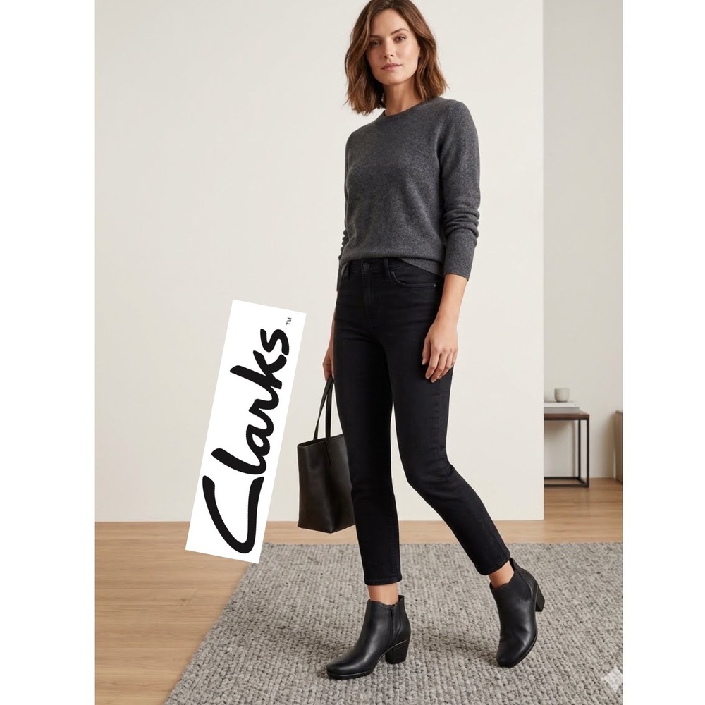 Clarks Emslie Noreen Black Leather Ankle Boots Block Heel Sz 8.5W Dark academia